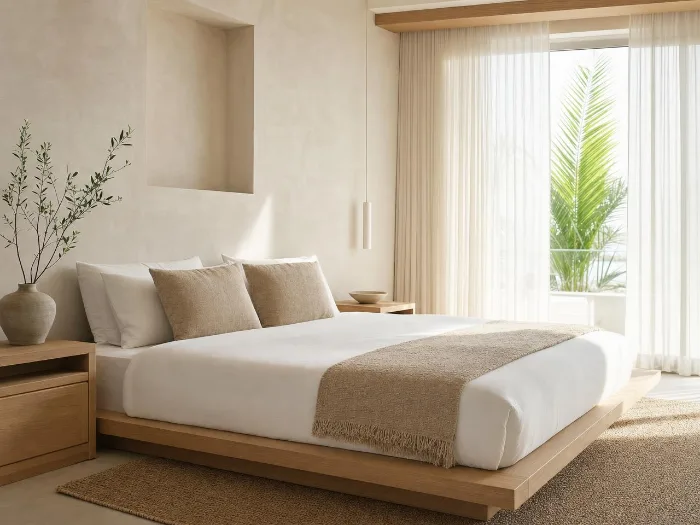 Bedroom with white linen and morning light through sheer curtains