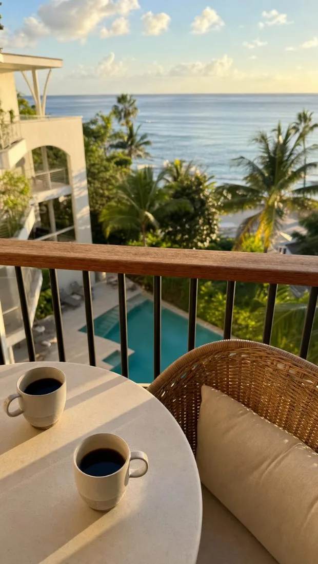 Balcony with two coffee cups looking over a pool and the sea